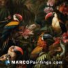 A painting with colorful tropical animals and flowers