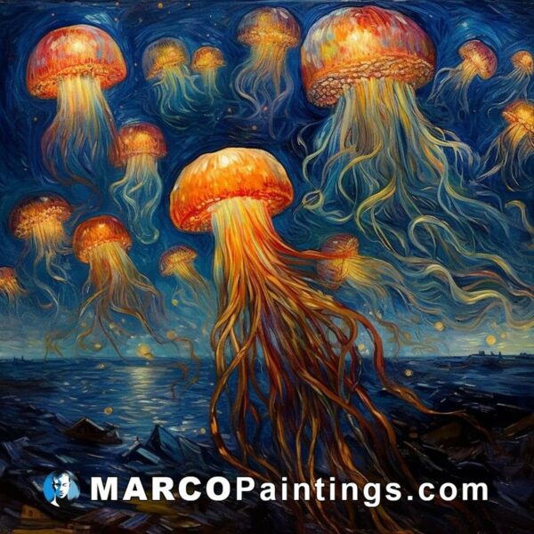 A painting with jellyfish on ocean water