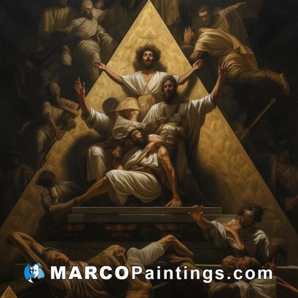 A painting with jesus on a pyramid with people surrounding him