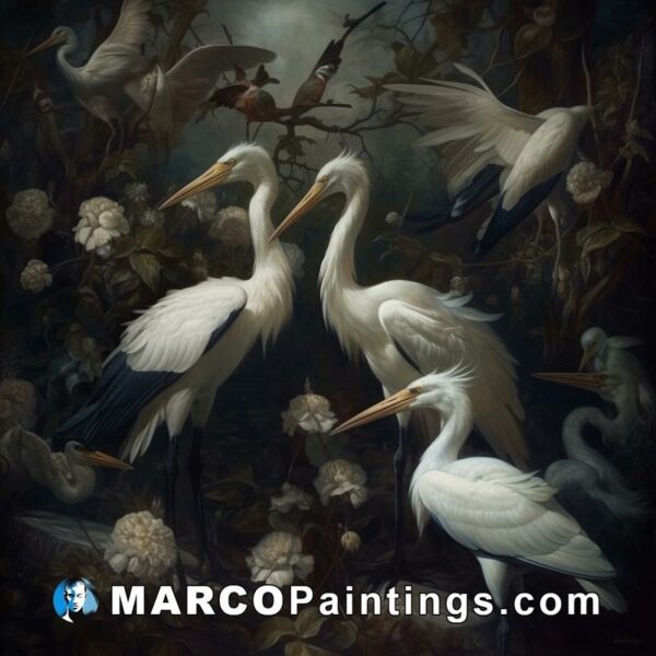 A painting with many white birds and flowers in a night storm