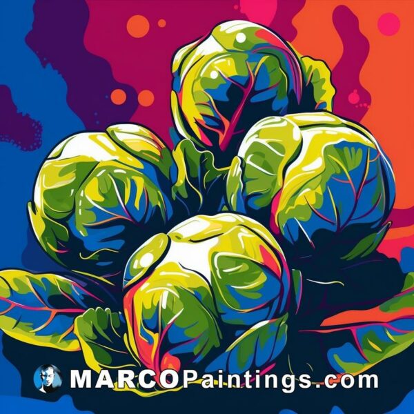 A painting with several brussel sprouts on a colorful background