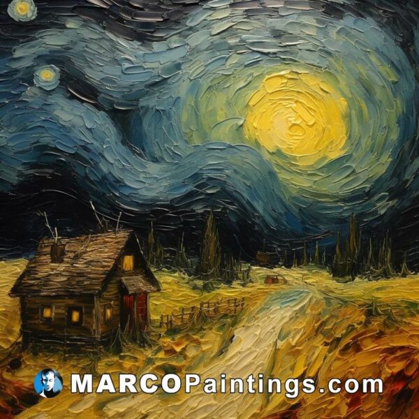 A painting with starry moon over the farmhouse with a hut