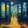 A painting with starry night and a doorway