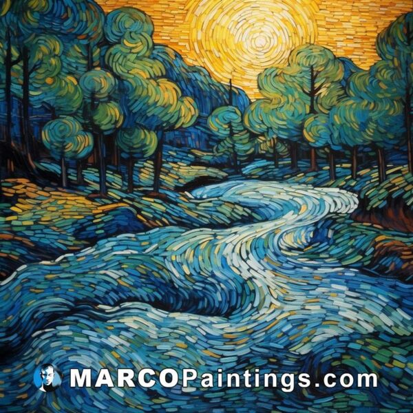 A painting with sunrise over a stream of water