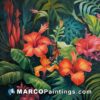 A painting with tropical flowers and leaves