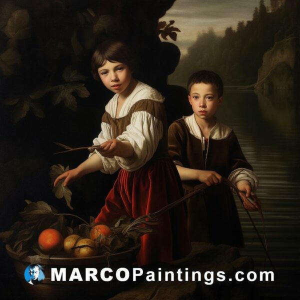 A painting with two boys around two baskets