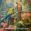 A painting with two parrots in a red forest