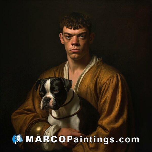 A paintings of a man with a dog