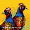 A pair of colorful pheasants perched on top of a yellow background