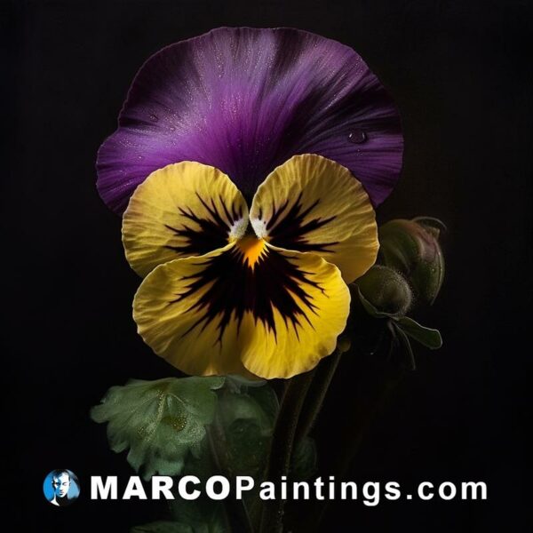 A pansy in front of a black background