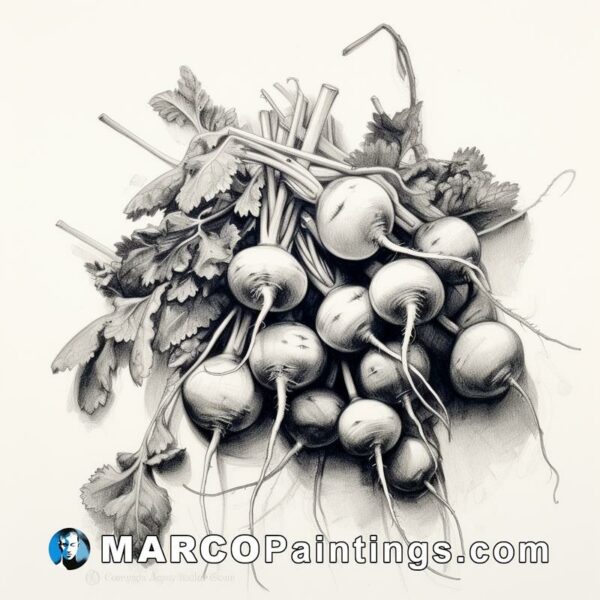 A pencil drawing of a bunch of radishes