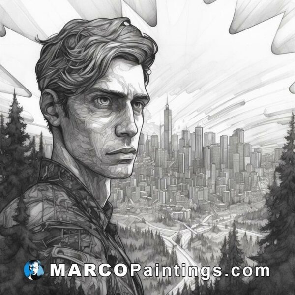 A pencil drawing of a character standing in front of mountains