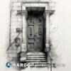 A pencil drawing of a door with stairs in the background
