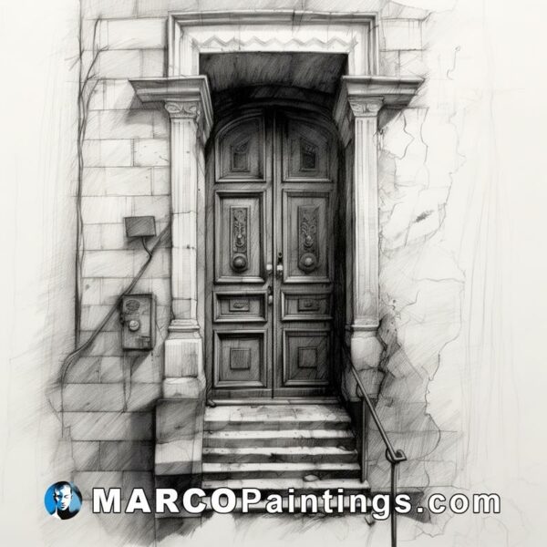A pencil drawing of a door with stairs in the background
