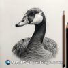 A pencil drawing of a goose sitting next to a pencil