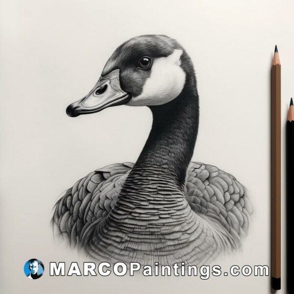 A pencil drawing of a goose sitting next to a pencil