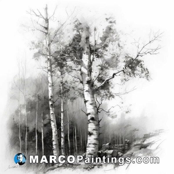 A pencil drawing of a group of birches in black and white