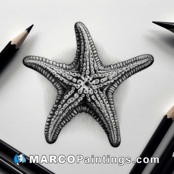 A pencil drawing of a starfish with a pencil