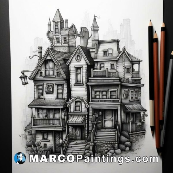 A pencil drawing of an old townhouse