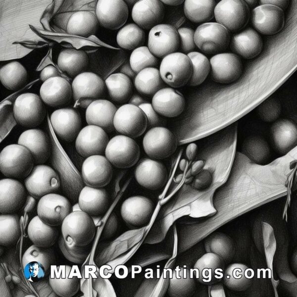 A pencil drawing of berries on leaves