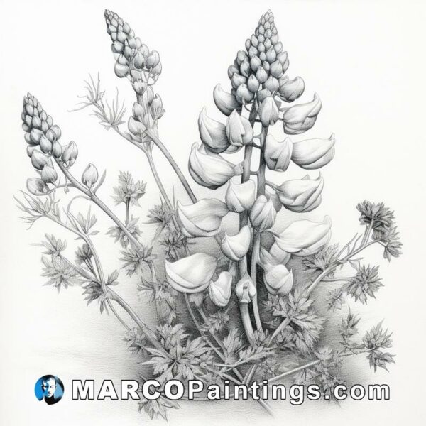 A pencil drawing of lupines and other flowering plants