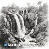 A pencil drawing of waterfalls on white
