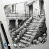 A pencil drawing on the stairs next to a building