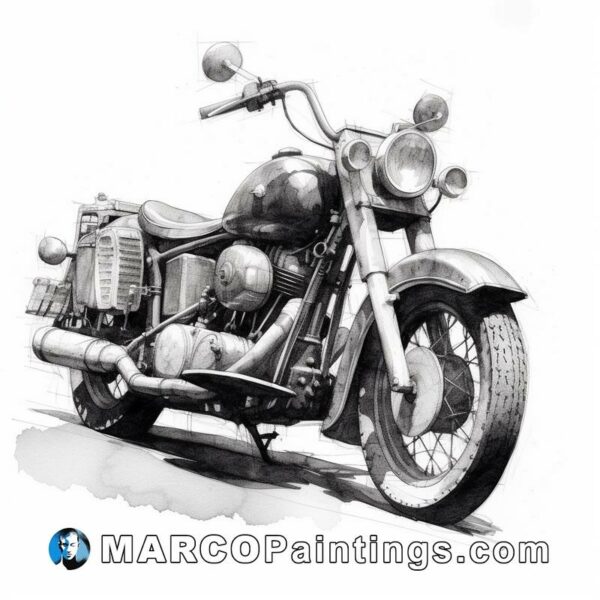 A pencil sketch of a motorcycle sitting on a white background