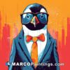 A penguin in a suit wears glasses and has orange tie