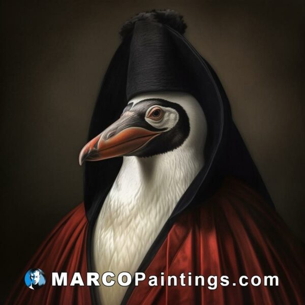 A penguin wearing a red robe and black fur