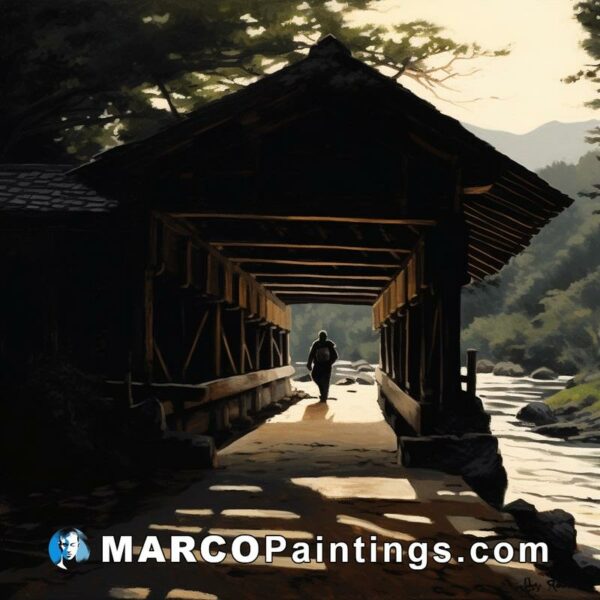 A person is walking down a wooden bridge