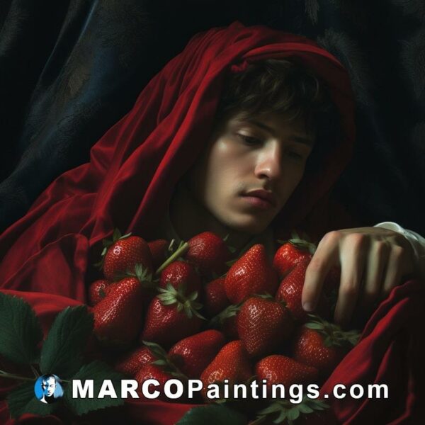 A person wrapped in red blanket covered with strawberries