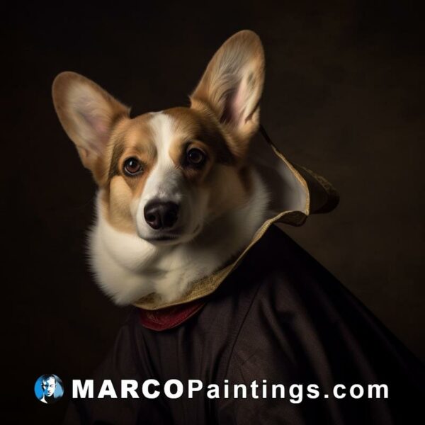 A pet portrait of corgi wearing a costume