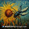 A photograph of a painting of a large fly with a solar flower