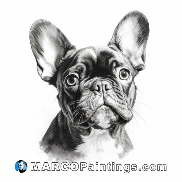 A picture of a black and white bw drawing of a french bulldog