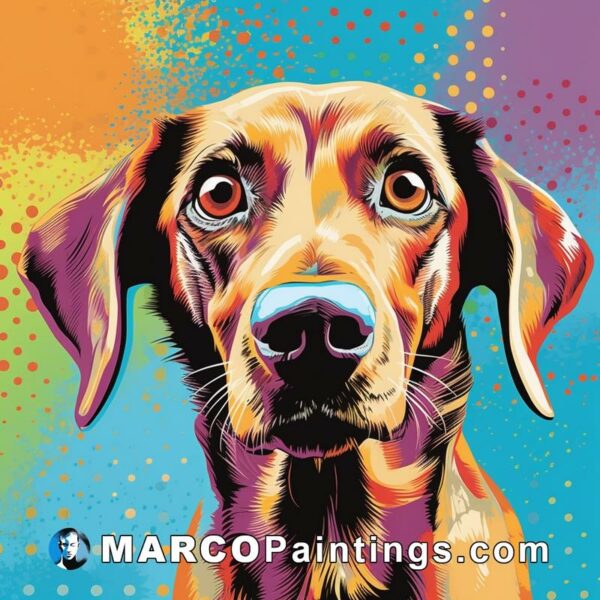 A picture of a dog with its head turned up on a colorful background