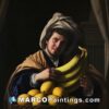 A picture of a painting of a man holding a bunch of bananas