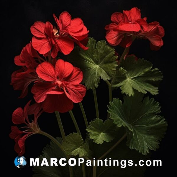 A picture of red geraniums with leaves on the black background