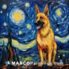 A piece of art of a german shepherd on the starry night