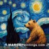 A piece of art where a bear is sitting next to a starry sky