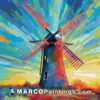 A piece of canvas with a colorful painting of a windmill
