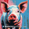 A pig is standing up against a colorful background