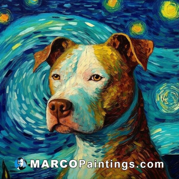 A pit bull with a starry night background