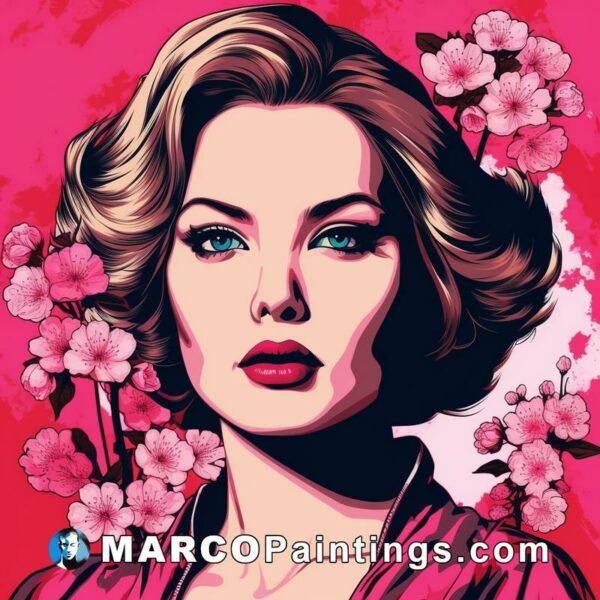 A pop art design depicting an image of a woman with pink flowers