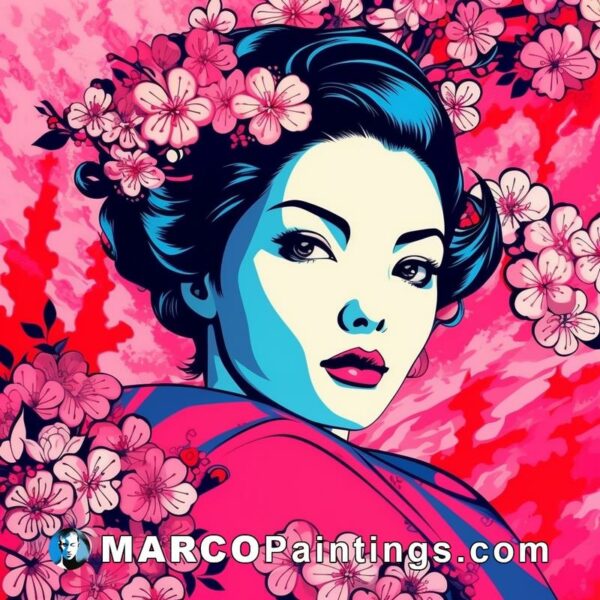 A pop art illustration featuring a geisha woman in pink and blue