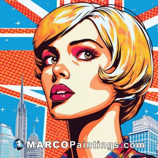 A pop art image of a blonde woman with blue eyes and a city on it