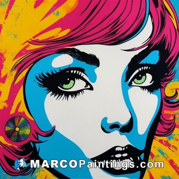 A pop art image of a woman in bright colors and pink eyes