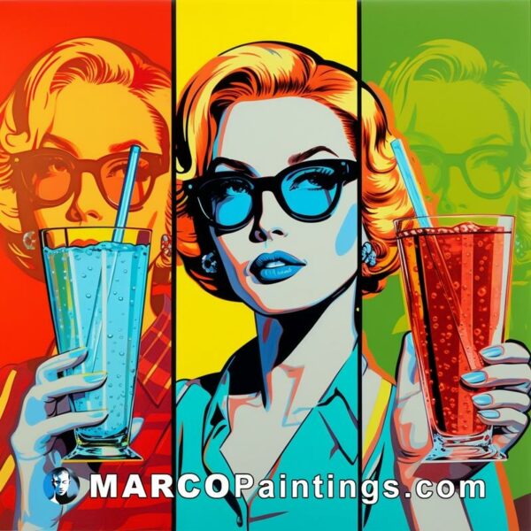 A pop art picture of a women with a soda in hands