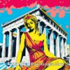 A pop art piece of a woman on the top of greek columns