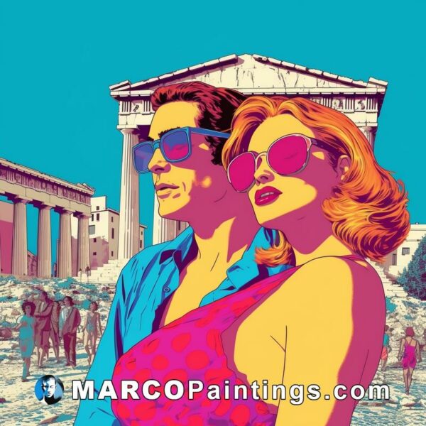 A pop art poster of a couple in sunglasses who is wearing sunglasses